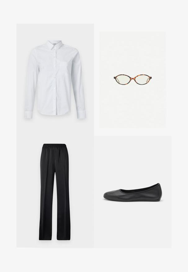 White long-sleeve shirt made of cotton, featuring a collar, button-down front, and a single chest pocket. Smooth texture. No patterns.; Black, wide-leg trousers with an elastic waistband. Made of a smooth, lightweight fabric, featuring a straight cut and no visible patterns.; Black leather ballet flat with a rounded toe, smooth texture, minimal stitching detail, and a flexible sole design.; Tortoiseshell eyeglasses with oval lenses and a sleek, smooth finish. Features thin sides with a subtle curve at the temples. Clear lenses.