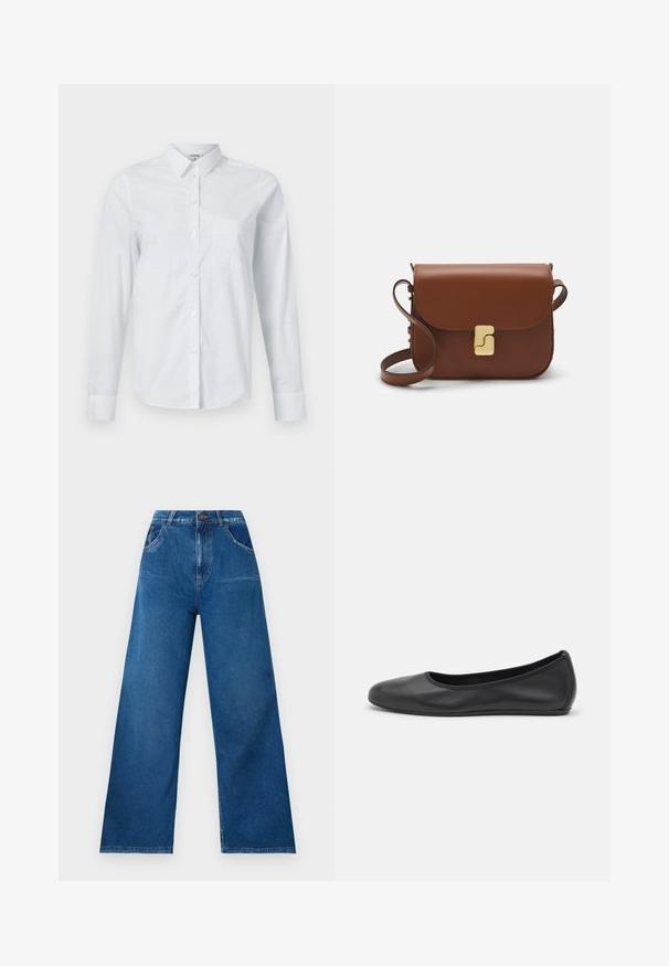 White long-sleeve dress shirt made of cotton. Features a button-down front, pointed collar, and a chest pocket on the left side.; Wide-leg jeans in dark blue denim with a high waist, featuring front and back pockets, and contrast stitching details.; Black leather ballet flat with a rounded toe, smooth texture, minimal stitching detail, and a flexible sole design.; Brown leather handbag with a flap closure, gold-tone hardware, a shoulder strap, and a smooth texture. Compact rectangular shape.