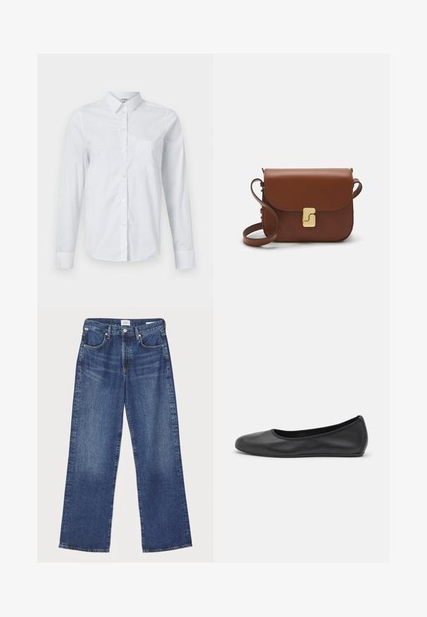Hvid langærmet skjorte lavet af bomuld. Har en lukning med knapper fortil, spidse kraver og en brystlomme på venstre side.; Citizens of Humanity ANNINA - Jeans Straight Leg - westwood dark indigo; Sort læderballetsko med rund tå, glat tekstur, minimal syning og et fleksibelt såldesign.; Brun læder håndtaske med flaplukning, hardware i gyldent tone, en skulderrem og en glat overflade. Kompakt rektangulær form.