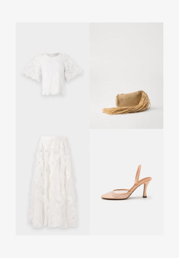 White lace blouse featuring short, flared sleeves, a round neckline, and a scalloped hem. Delicate floral patterns are visible on the fabric.; White, knee-length skirt with floral embroidery and silver sequins. Lightweight, flowing fabric with ruffled layers and a fitted waistband.; Nude mesh slingback heel with a pointed toe, slender ankle strap, and a stiletto heel featuring a black accent at the base.; Cult Gaia VIERA - Clutch - natural