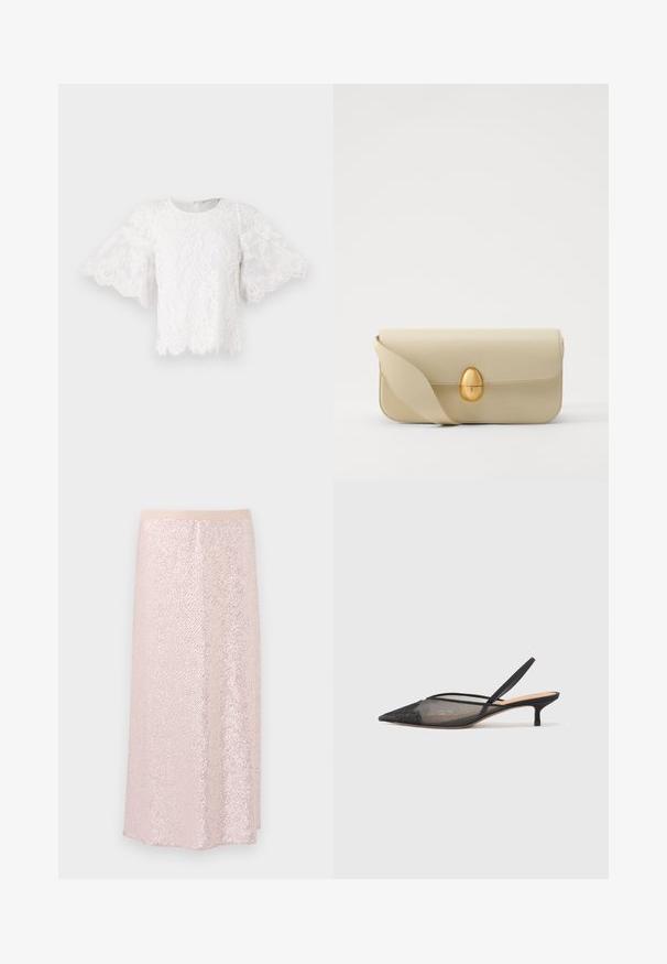 White lace blouse featuring short, flared sleeves, a round neckline, and a scalloped hem. Delicate floral patterns are visible on the fabric.; Pink sequin skirt with a smooth waistband, featuring a textured surface and a knee-length A-line design. Reflective sequins create a shimmering effect.; NEOUS IRENA - Classic heels - black; Beige leather handbag with a smooth texture, rectangular shape, and a golden oval clasp. Features a long, adjustable strap.