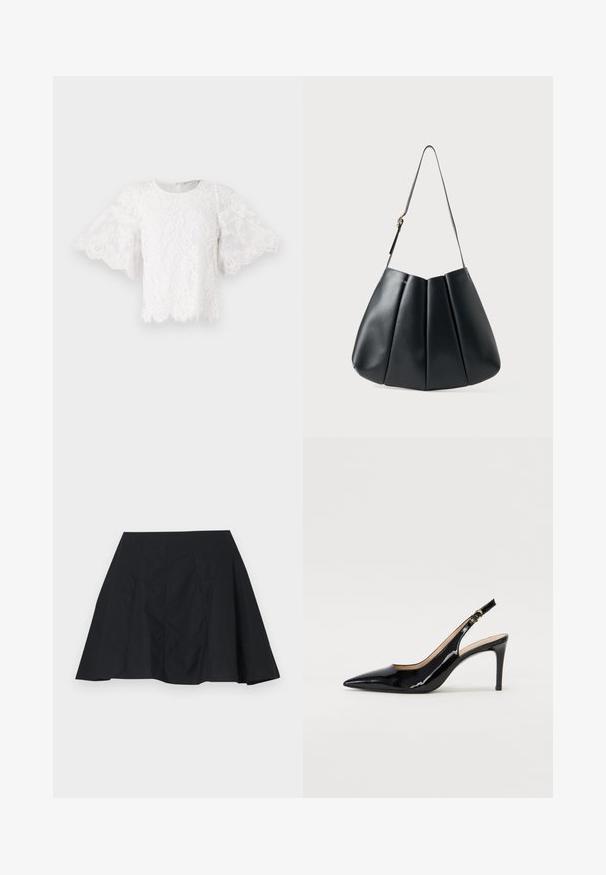 Fehér csipke blúz rövid, harang alakú ujjal, kerek kivágással és hullámos szegéllyel. Finom virágminták láthatók az anyagon.; Fekete, bő szabású szoknya sima textúrával, függőleges redőkkel és egyszerű dizájnnal. Az alja enyhén aszimmetrikus.; Fekete lakk bőr kötött magassarkú cipő, hegyes orral és karcsú sarokkal, finom kivágásos dizájnnal. Az övön arany csatt található.; Fekete bőr válltáska redőzött dizájnnal, sima textúrával, egyetlen pánttal és egy diszkrét arany hardver kiemeléssel.