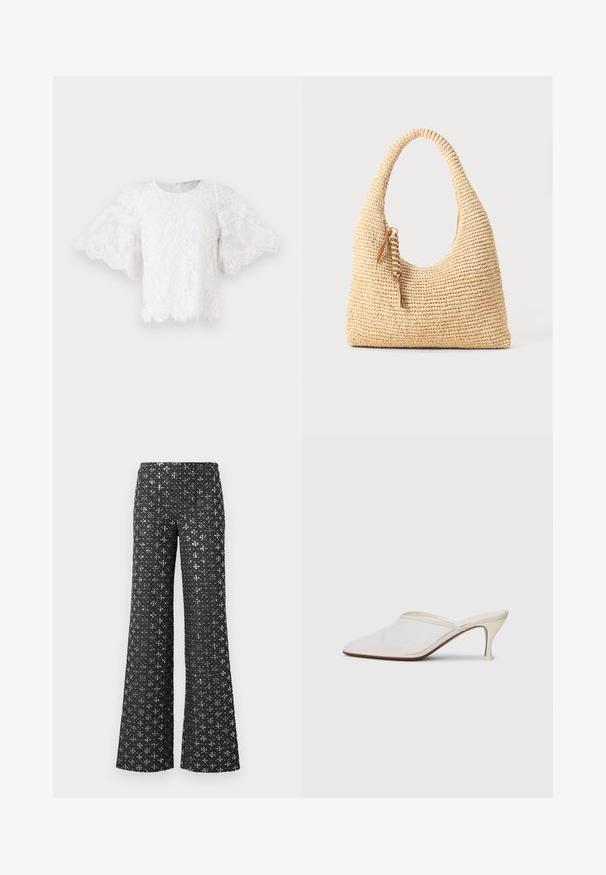 Bílá krajková blůza s krátkými rozšířenými rukávy, kulatým výstřihem a klikatým lemem. Na látce jsou viditelné jemné květinové vzory.; Černé kalhoty se širokými nohavicemi s flitrovou texturou a stříbrnými akcenty, které vytvářejí vzorovaný vzhled na celém materiálu.; Bílé síťované psací muly s špičatou špičkou, štíhlým středně vysokým podpatkem a designem na nazouvání na jednobarevném pozadí.; Tkaná béžová kabelka s zakřivenou rukojetí, texturovaným povrchem a hnědým střapcem. Má uvolněný, hobo tvar.
