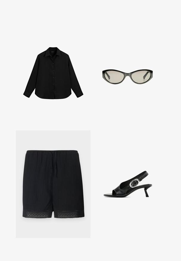 Schwarzes Langarmshirt aus leichtem Material mit durchgehender Knopfleiste, spitzem Kragen und gerundetem Saum.; Schwarze Shorts aus strukturiertem Stoff mit einem elastischen Bund und Kordelzug, verziert mit einem zarten Spitzenbesatz am Saum.; Schwarzer Leder-Slingback-Schuh mit offener Spitze, der eine silberne ovale Schnalle am Riemen und einen schlanken Blockabsatz aufweist. Glatte Textur.; Schwarze Cat-Eye-Sonnenbrille mit grau getönten Gläsern. Der Kunststoffrahmen hat scharfe Kanten und eine glatte, glänzende Oberfläche.