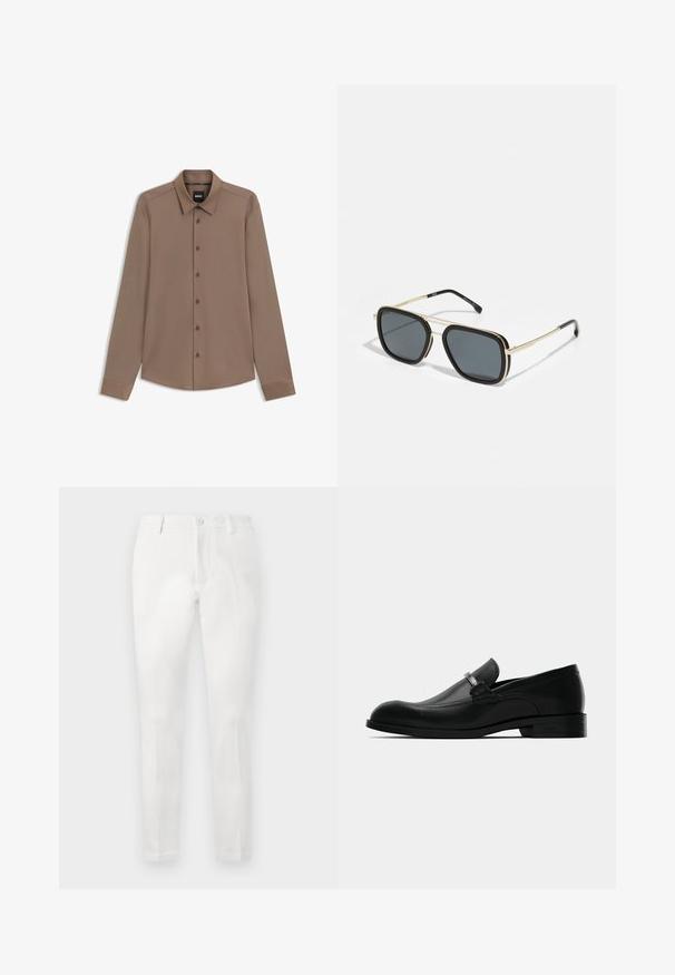 Brun långärmad skjorta med klassisk krage och knapplåsning framtill. Slät textur och subtil lyster; ärmarna är kantade med en ren finish.; Vita byxor med en skräddarsydd passform, med en platt front, två sidofickor och en enkel bakficka. Tillverkade av ett mjukt tyg.; Svart läder herresko i loafer-stil med metallspänne, låg klack och märkessula, visad från sidan på en vit bakgrund.; Svarta och gyllene solglasögon med fyrkantig form, metallram, mörkgrå linser och svarta terminaler. Har dubbel brodesign.
