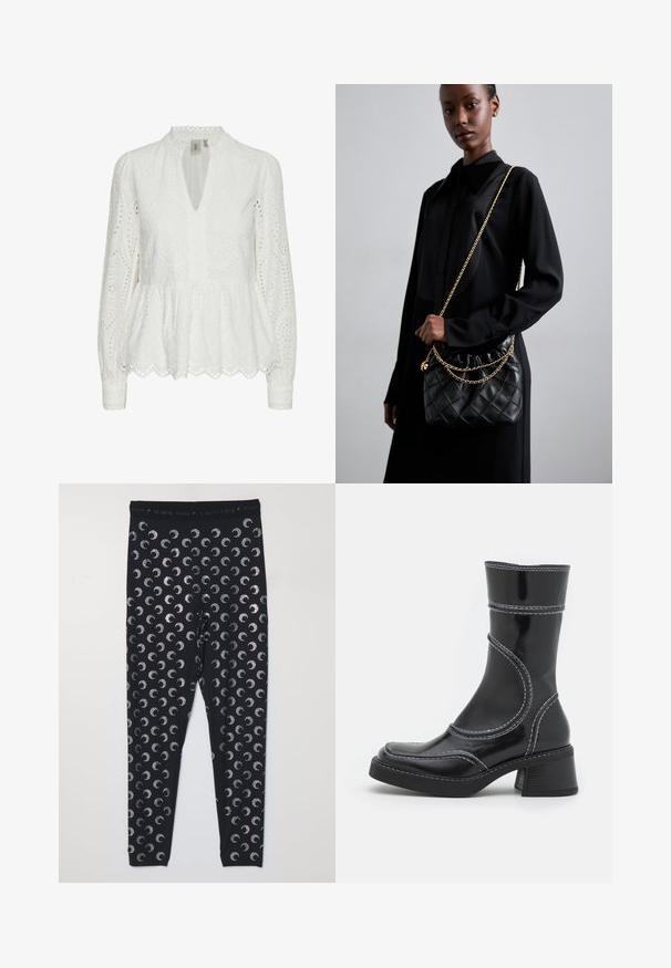 Bílá vyšívaná blůza se zvlněným lemem, hlubokým výstřihem do V, dlouhými rukávy a složitými vyřezávanými vzory po celém materiálu.; MARINE SERRE MOON - Legíny - kalhoty - black strass; Černé lakované kotníkové boty s bílým prošíváním, kulatou špičkou a blokovým podpatkem. Charakteryzují se zakřivenými designovými liniemi a hladkým povrchem.; Černá prošívaná kožená kabelka s staženým vrchem, zlatým řetízkovým popruhem a obdélníkovým tvarem, držena před jednoduše pozadím.