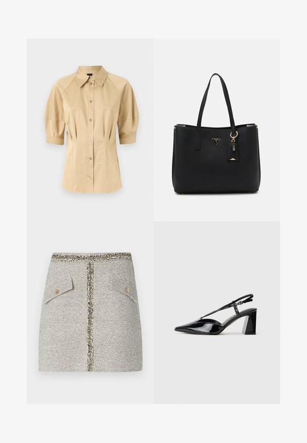 Beige košeľa na gombíky s krátkymi puff rukávmi, rozšířeným golierom a švovými detailmi. Vyrobená z hladkej látky s predným gombíkovým zapínaním.; Tkaná tweedová sukňa v bielo-čiernom herringbone vzore, má dve predné vrecká a zlatý zips na zadnej strane s rozstrapkanými okrajmi.; Čierne patent leather sandále na vysokých opätkoch s ostrou špičkou, nastaviteľným popruhom a robustným obdĺžnikovým opätkom.; Čierna taška cez plece vyrobená z textúrovaného syntetického materiálu, so zatahovacími popruhmi, zlatou logovou tabuľkou a malou značkou s akcentovou detailou.