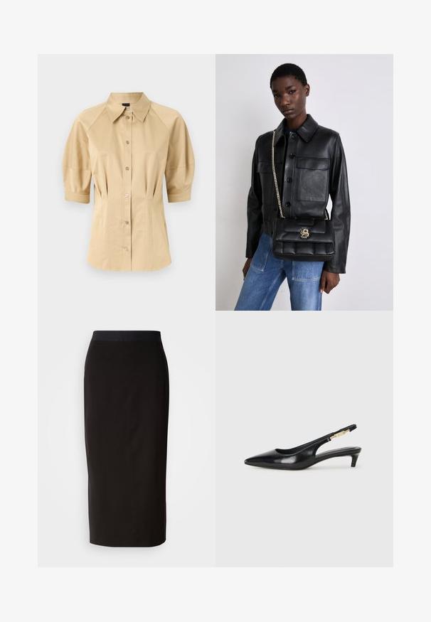 Bēša pogu krekls ar īsām pūkām, izplestu kaklu un šuvju detalizāciju. Izgatavots no gludas auduma ar priekšējo pogu aizdari.; Melnas midi svārki, izgatavoti no elastīga materiāla, ar pieguļošu dizainu un ērtu elastīgu jostasvietu. Gluda tekstūra bez rakstiem.; Melnas ādas slingback zābaki ar smailu purngalu, ar šauru papēdi un zelta krāsas akcentu uz regulējama siksniņas. Gluda tekstūra.; Melnas ādas jaka ar pogu aizdari un divām priekšējām kabatām, kopā ar melnu pufīgu rokassomu ar zelta sprādzi un ķēdes siksnu.