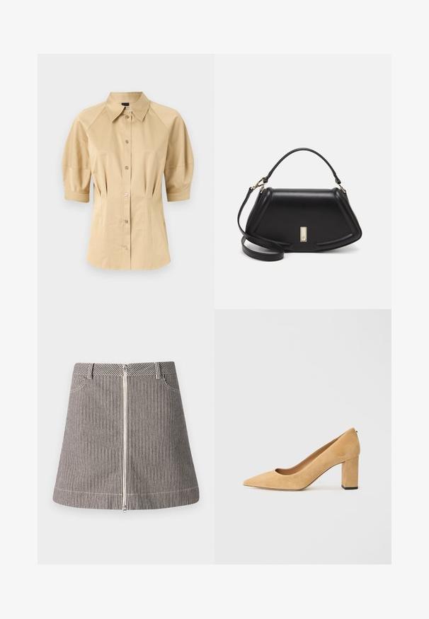 Beige button-up shirt with short puff sleeves, a spread collar, and seam detailing. Made of smooth fabric with front button closure.; Striped denim skirt featuring a front zipper, pockets, and a flared shape, in black and white with contrasting stitching details.; Beige suede high-heeled pump with a pointed toe and a chunky block heel. The material has a soft texture with a smooth finish.; Black leather handbag with a structured design, featuring a cropped shape, top handle, and gold hardware accent. Adjustable shoulder strap included.