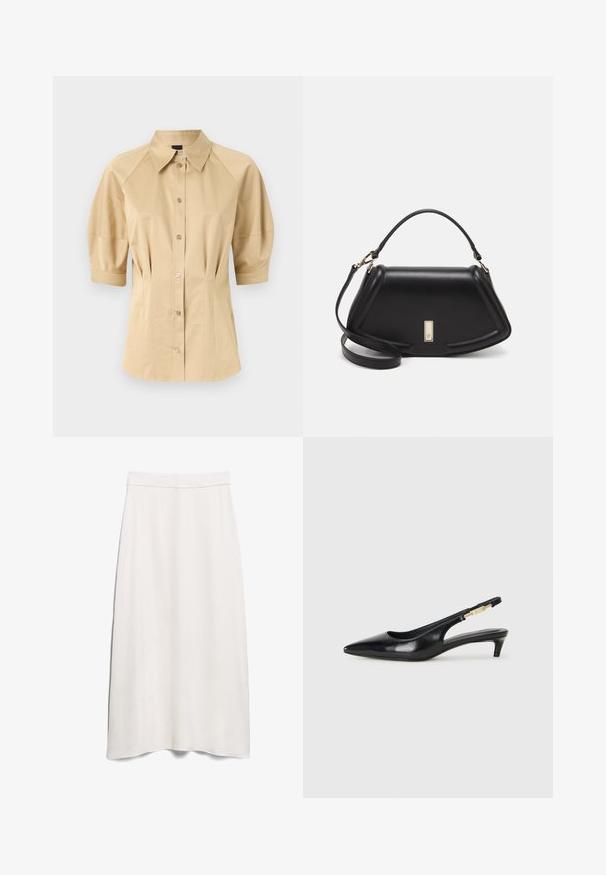 Beige button-up shirt with short puff sleeves, a spread collar, and seam detailing. Made of smooth fabric with front button closure.; White A-line skirt made from smooth fabric, featuring a high waistband and floor-length design with a subtle drape.; Black leather slingback heels with a pointed toe, featuring a slim heel and a gold-tone accent on the adjustable strap. Smooth texture.; Black leather handbag with a structured design, featuring a cropped shape, top handle, and gold hardware accent. Adjustable shoulder strap included.