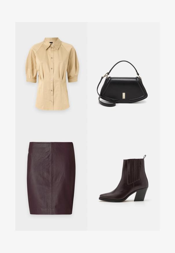 Beige košeľa na gombíky s krátkymi puff rukávmi, rozšířeným golierom a švovými detailmi. Vyrobená z hladkej látky s predným gombíkovým zapínaním.; Tmavočervená kožená sukňa s hladkou textúrou, priliehavým strihom a rovnou siluetou. Má minimálne švy a žiadne viditeľné kovanie.; Tmavo hnedá kožená kotníková obuv s špicatou špičkou, vertikálnym ryhovaním po bokoch a stredne vysokým blokovým podpätkom.; Čierna kožená kabelka so štruktúrovaným dizajnom, s krátkym tvarom, hornou rúčkou a zlatými prvkami. Súčasťou je nastaviteľný ramenný popruh.