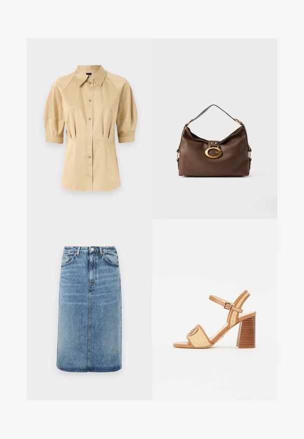 Bež srajca s kratkimi pihastimi rokavi, razpršeno ovratnikom in šivalnimi detajli. Narejena iz gladkega materiala s sprednjim gumbom.; Jeans krilo v svetlo modri barvi. Ima ravno silhueto, pet žepov in gumbasto zapiranje z zankami za pas. Oprgane teksture poudarjajo.; Bralni usnjeni sandali s peto in tkano slamo, ki imajo trak okoli gležnja, odprto prst in masivno leseno peto s horizontalnimi črtami.; Rjavo usnjeno ročna torbica z teksturirano površino, ki ima zlato toniran zaklep in en sam, ukrivljen naramnico.