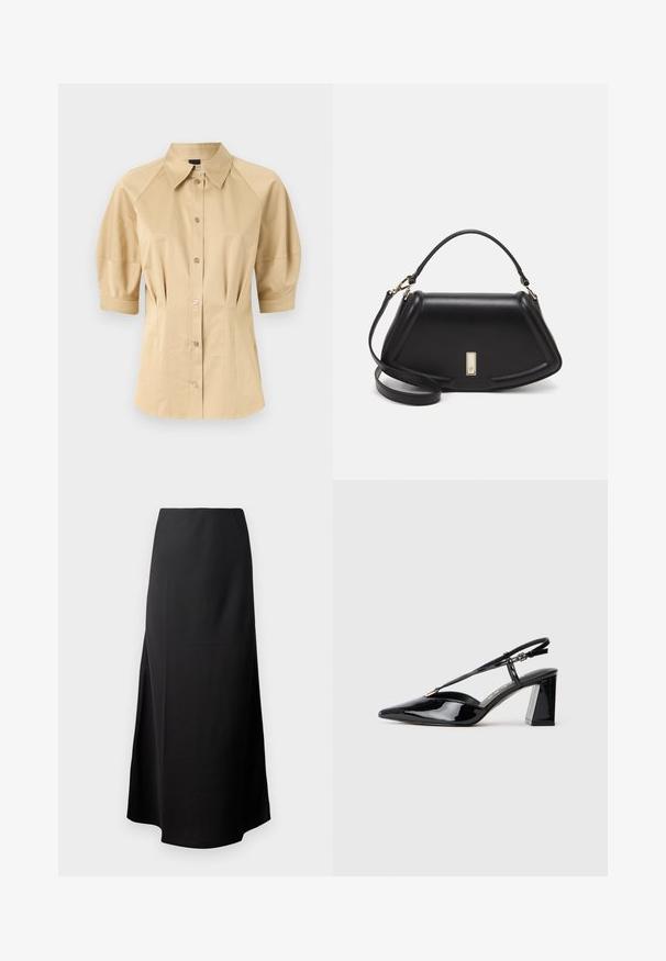 Beige Hemd mit kurzen Puffärmeln, einem breiten Kragen und Nahtdetails. Aus glattem Stoff gefertigt mit durchgehender Knopfleiste vorne.; Schwarzer Midirock mit glatter Textur, entworfen mit einer hohen Taille und einem seitlichen Schlitz, der eine schlichte, ungeschmückte Silhouette aufweist.; Schwarze lackleder Slingback-High-Heels mit spitz zulaufender Zehenpartie, verstellbarem Riemen und klobigem rechteckigem Absatz.; Schwarze Lederhandtasche mit einem strukturierten Design, das eine verkürzte Form, einen oberen Griff und goldfarbene Hardware-Details aufweist. Verstellbarer Schulterriemen ist enthalten.