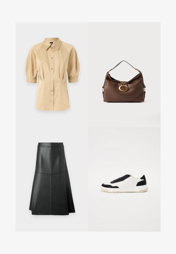 Beige Hemd mit kurzen Puffärmeln, einem breiten Kragen und Nahtdetails. Aus glattem Stoff gefertigt mit durchgehender Knopfleiste vorne.; Schwarzer Leder-A-Linie-Rock, glatte Textur, midi-länge, mit horizontalen Nähten am Bund und den Nähten für zusätzliche Struktur.; Sneaker mit einem Obermaterial aus weißem Leder, schwarzen Wildlederelementen und einer strukturierten Gummisohle. Verfügt über ein Schnürdesign und gestickte Details.; Braune Handtasche aus Leder mit strukturiertem Finish, ausgestattet mit einem goldfarbigen Verschluss und einem einzigen, geschwungenen Schulterriemen.