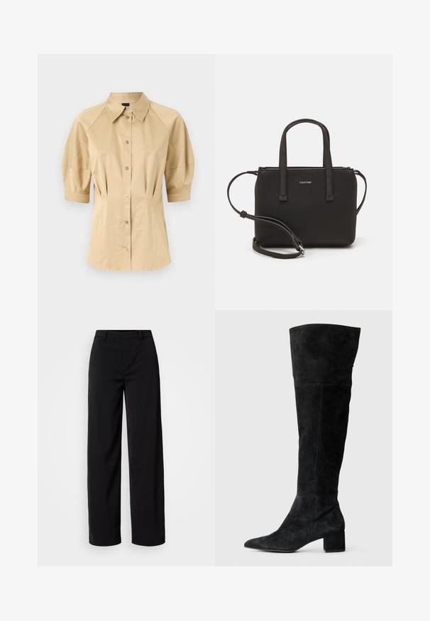 Bež srajca s kratkimi pihastimi rokavi, razpršeno ovratnikom in šivalnimi detajli. Narejena iz gladkega materiala s sprednjim gumbom.; Črne široke hlače iz gladkega blaga, s klasiko pasom in krojem, ki je prirejen s sprednjimi žepi.; Črne usnjene čizme do stegen iz semiša, z ostro konico in blok peto. Gladka tekstura z navpičnim šivom.; Črna torbica z dvema kratkima ročajema in odstranljivim naramnim trakom. Gladek usnju podoben material z zadrgo in podrobnostmi z logotipom.
