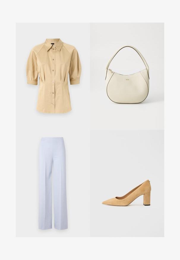 Beige knappskjorte med korte pufferm, spredd krage og sømdetaljering. Laget av glatt stoff med frontknapping.; Lyseblå vid bukse laget av myk stoff, med høy midje og foran folder for ekstra struktur.; Beige semskede høyhælte pumper med spiss tå og chunky blokkhels. Materialet har en myk tekstur med en jevn finish.; Kremfarget håndveske med teksturert overflate, buet form, kort håndtak og gullfarget logo. Glidelås lukking på toppen.