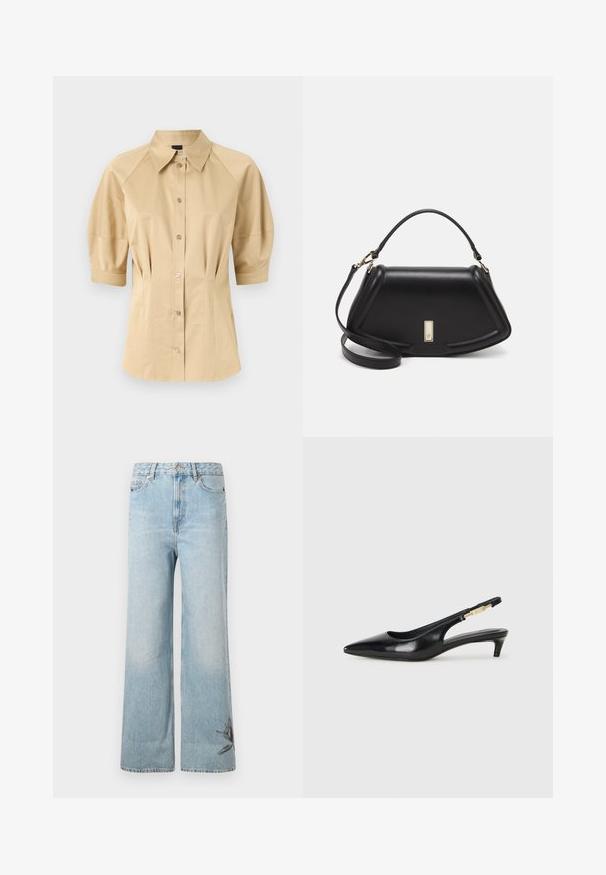 Beige button-up shirt with short puff sleeves, a spread collar, and seam detailing. Made of smooth fabric with front button closure.; Light blue wide-leg jeans made of denim, featuring a faded texture and floral embroidery detail on the lower left leg.; Black leather slingback heels with a pointed toe, featuring a slim heel and a gold-tone accent on the adjustable strap. Smooth texture.; Black leather handbag with a structured design, featuring a cropped shape, top handle, and gold hardware accent. Adjustable shoulder strap included.