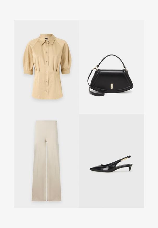 Beež pluus lühikeste puhv-sleeve'idega, laia kraega ja õmbluste detailidega. Valmistatud siledast kangast, ees nööbiga kinnitamine.; Kreemjad laiad püksid, mis on valmistatud pehmest kangast, millel on sile tekstuur. Omavad kõrget elastset vööd mugavuse tagamiseks ning puhtat, minimalistlikku disaini.; Mustad nahast slingback kontsad terava ninaga, millel on õhuke konts ja kuldse tooni aktsent reguleeritaval rihmal. Sile tekstuur.; Must mustrist käekott, millel on struktureeritud disain, lühendatud kuju, ülemine käepide ja kuldne metallist detail. Reguleeritav õlalihm on kaasas.