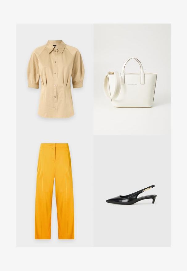 Bež srajca s kratkimi pihastimi rokavi, razpršeno ovratnikom in šivalnimi detajli. Narejena iz gladkega materiala s sprednjim gumbom.; Žive rumene hlače širokega kroja iz gladkega materiala, ki se ponašajo s preprostim dizajnom, sprednjimi gubami in ravnim pasom.; Črne usnjene sandale na peto z ostro konico, ki imajo tanko peto in zlat ton na nastavljivem traku. Gladka tekstura.; Bela sintetična usnjena torbica z kratkimi ročaji, nastavljivim ramenskim trakom in zlatim kovinskim okovjem; na sprednji strani je subtilen logotip.