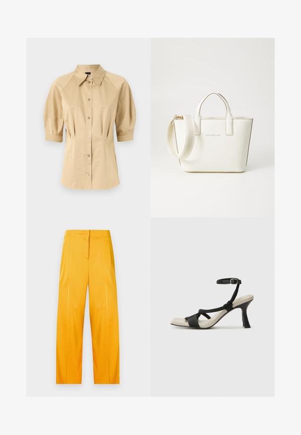 Bež košulja na gumbe s kratkim puff rukavima, raširenim ovratnikom i šavnim detaljima. Napravljena od glatkog materijala s prednjim zatvaranjem na gumbe.; Svijetlo žute široke hlače napravljene od glatkog materijala, s čistim dizajnom koji ima prednje plisove i ravni pojas.; Crne sandale na visokom potpetici s dizajnom pletenih trakica, kvadratnim vrhom i podešivom trakicom oko gležnja. Svijetlosmeđi ulošci s sjajnim crnim potpeticama.; Bijela torbica od umjetne kože s kratkim drškama, podešivim remenom za rame i zlatnim hardverom; sadrži suptilan logo sprijeda.