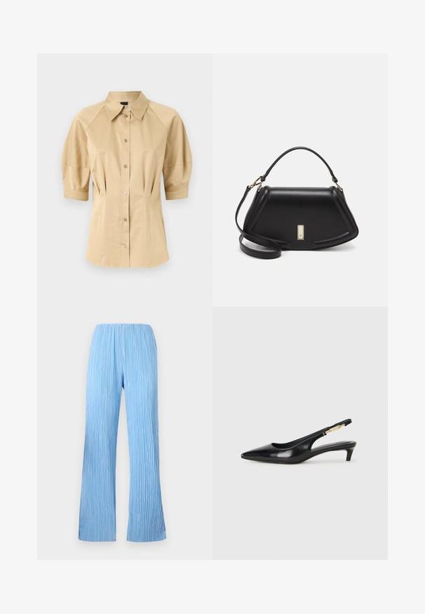 Beige button-up shirt with short puff sleeves, a spread collar, and seam detailing. Made of smooth fabric with front button closure.; Light blue pleated pants with a wide-leg design, featuring vertical stripes and an elasticated waistband for comfort. Smooth, lightweight fabric.; Black leather slingback heels with a pointed toe, featuring a slim heel and a gold-tone accent on the adjustable strap. Smooth texture.; Black leather handbag with a structured design, featuring a cropped shape, top handle, and gold hardware accent. Adjustable shoulder strap included.