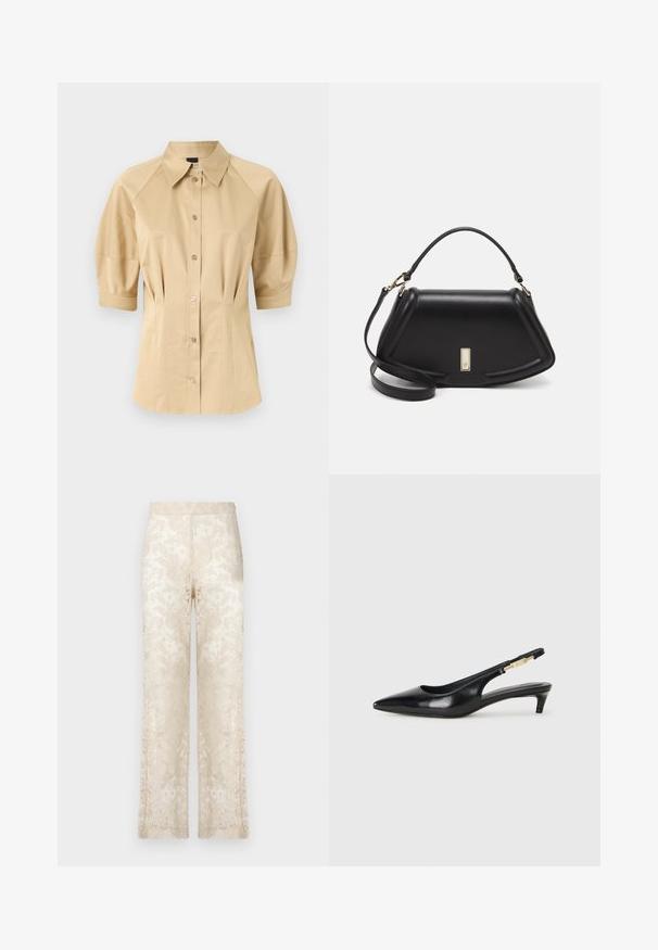 Beige button-up shirt with short puff sleeves, a spread collar, and seam detailing. Made of smooth fabric with front button closure.; Lace wide-leg pants in cream, featuring intricate floral patterns and a textured surface. Elastic waistband for comfort.; Black leather slingback heels with a pointed toe, featuring a slim heel and a gold-tone accent on the adjustable strap. Smooth texture.; Black leather handbag with a structured design, featuring a cropped shape, top handle, and gold hardware accent. Adjustable shoulder strap included.