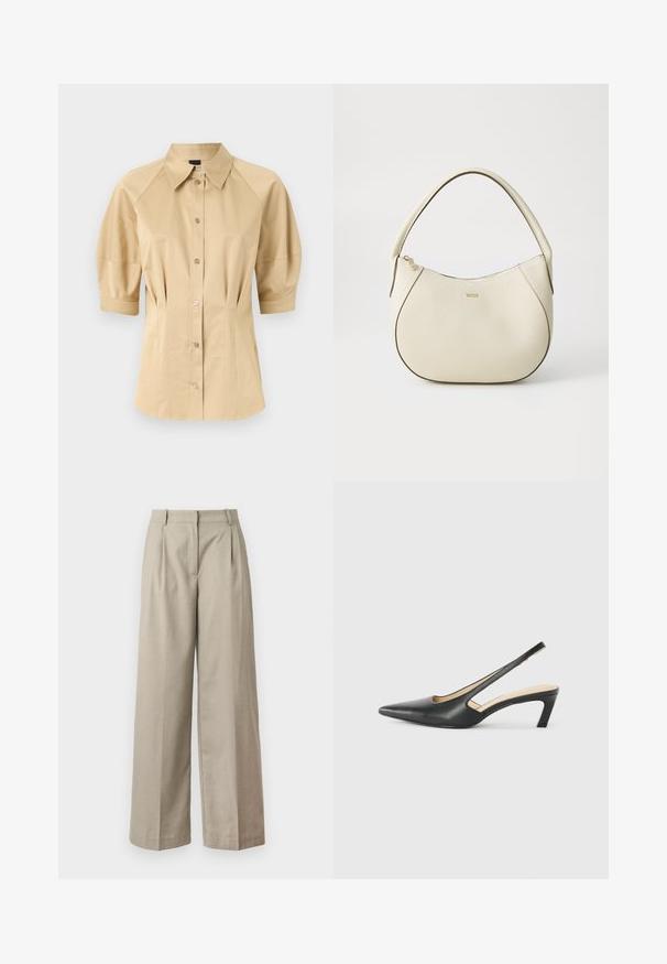 Camisa bege de botões com mangas curtas bufantes, colarinho espanhol e detalhes nas costuras. Feita de tecido suave com fecho frontal de botões.; Calças largas bege, feitas de tecido suave, com uma cintura ajustada, pregas e um corte solto nas pernas. Design simples e linhas limpas.; Sandal com bico fino e calcanhar baixo, em couro liso, com um design recortado na lateral para respirabilidade.; Saco de mão em tom creme com um acabamento texturizado, forma curva, alça curta e detalhe do logótipo em tom dourado. Fecho com zíper na parte superior.