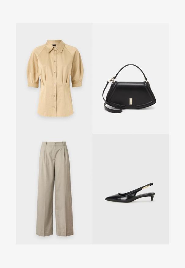 Beige button-up shirt with short puff sleeves, a spread collar, and seam detailing. Made of smooth fabric with front button closure.; Beige wide-leg trousers made of smooth fabric, featuring a fitted waist, pleats, and a loose fit through the legs. Simple design and clean lines.; Black leather slingback heels with a pointed toe, featuring a slim heel and a gold-tone accent on the adjustable strap. Smooth texture.; Black leather handbag with a structured design, featuring a cropped shape, top handle, and gold hardware accent. Adjustable shoulder strap included.