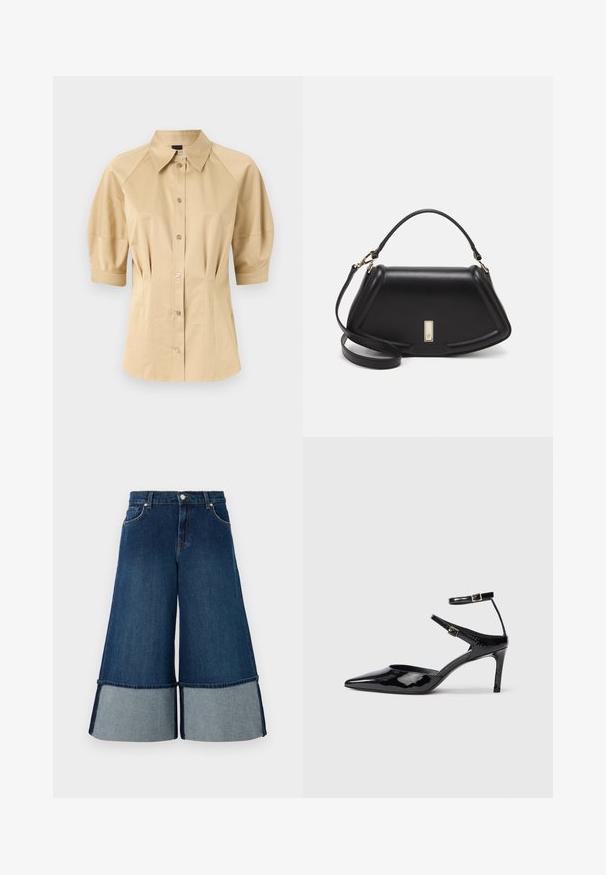 Camisa beige de botones con mangas cortas abullonadas, cuello extendido y detalles en las costuras. Fabricada con un tejido suave y cierre delantero de botones.; Culottes de mezclilla con un lavado azul oscuro y dobladillo en azul claro, diseño de pata ancha y estilo tradicional de cinco bolsillos.; Tacones de charol negros con puntera puntiaguda, correas ajustables en el tobillo y un tacón delgado. Textura suave con un acabado brillante.; Bolso de mano de cuero negro con un diseño estructurado, que presenta una forma recortada, asa superior y acentos en dorado. Correa de hombro ajustable incluida.