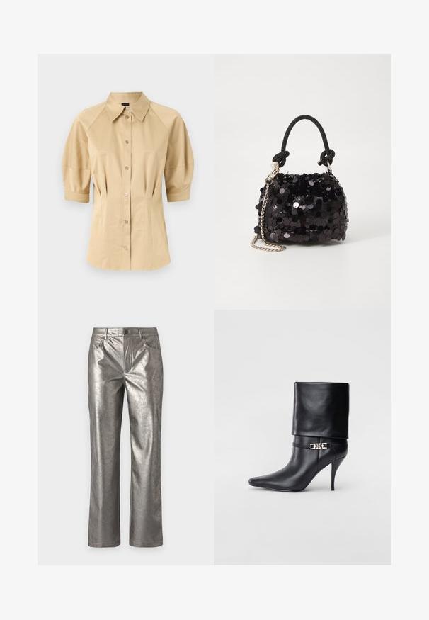 Cămașă bej cu mâneci scurte tip puff, guler amplu și detalii pe cusături. Fabricată dintr-un material neted, cu închidere frontală cu nasturi.; Pantaloni metalici argintii cu un croi drept, cinci buzunare și închidere cu buton. Textură netedă cu o strălucire subtilă și un design minimalist.; Botine negre din piele, cu vârf ascuțit, toc înalt și subțire, cu manșetă pliată și un detaliu decorativ cu cataramă aurie la gleznă.; Geantă mini neagră cu paiete, cu un umar texturat înnodat și un lanț argintiu. Formă rotundă cu partea de sus adunată și detalii reflectorizante.