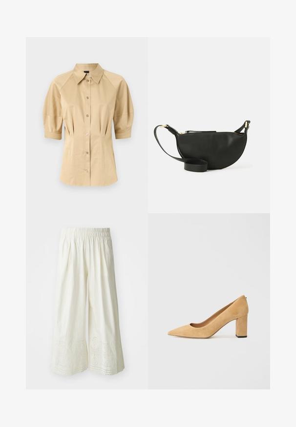 Beige button-up shirt with short puff sleeves, a spread collar, and seam detailing. Made of smooth fabric with front button closure.; White wide-leg pants featuring a textured fabric, an elastic waistband, and intricate cut-out patterns at the hem.; Beige suede high-heeled pump with a pointed toe and a chunky block heel. The material has a soft texture with a smooth finish.; Black leather crossbody bag with half-moon shape, textured surface, gold zipper, and a flat strap. Compact design suitable for essentials.
