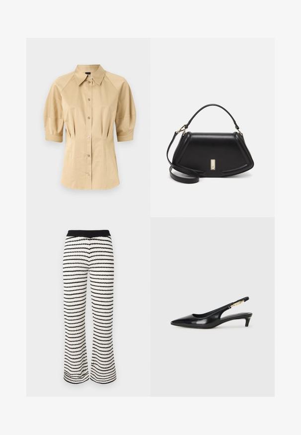Bež košulja na gumbe s kratkim puff rukavima, raširenim ovratnikom i šavnim detaljima. Napravljena od glatkog materijala s prednjim zatvaranjem na gumbe.; Pletene široke hlače u crno-bijelim prugama. Imaju rebrasti pojas i teksturiranu tkaninu s valovitim uzorkom.; Crne kožne sandale s petom, s izduženim vrhom, imaju usku petu i zlatni akcent na podesivoj traci. Glatka tekstura.; Crna kožna torba s strukturiranim dizajnom, s krojenim oblikom, gornjom drškom i zlatnim detaljima. Uključena je podesiva ramena traka.