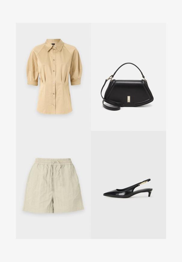 Beige button-up shirt with short puff sleeves, a spread collar, and seam detailing. Made of smooth fabric with front button closure.; Light beige shorts made of textured fabric with an elastic waistband and a drawstring, featuring side pockets and a relaxed fit.; Black leather slingback heels with a pointed toe, featuring a slim heel and a gold-tone accent on the adjustable strap. Smooth texture.; Black leather handbag with a structured design, featuring a cropped shape, top handle, and gold hardware accent. Adjustable shoulder strap included.