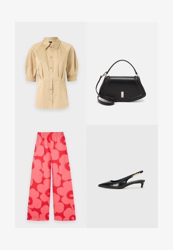 Beige button-up shirt with short puff sleeves, a spread collar, and seam detailing. Made of smooth fabric with front button closure.; Marimekko VOIMAKUKKA UNIKKO - Trousers - red/pink; Black leather slingback heels with a pointed toe, featuring a slim heel and a gold-tone accent on the adjustable strap. Smooth texture.; Black leather handbag with a structured design, featuring a cropped shape, top handle, and gold hardware accent. Adjustable shoulder strap included.