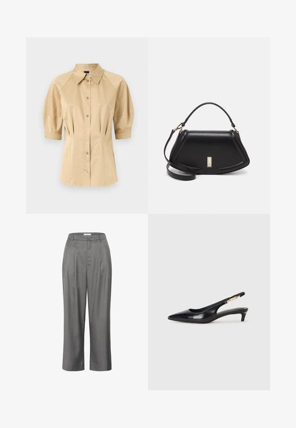 Camisa beige de botones con mangas cortas abullonadas, cuello extendido y detalles en las costuras. Fabricada con un tejido suave y cierre delantero de botones.; Pantalones grises a medida con un corte recto, que presentan un frente plisado, una textura de tela suave y un diseño de cinturilla clásico.; Tacones negros de piel sintética tipo slingback con punta afilada, que cuentan con un tacón delgado y un detalle en tono dorado en la correa ajustable. Textura suave.; Bolso de mano de cuero negro con un diseño estructurado, que presenta una forma recortada, asa superior y acentos en dorado. Correa de hombro ajustable incluida.