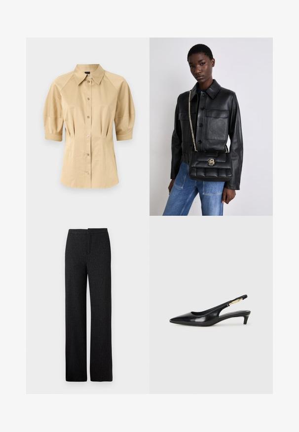 Beige button-up shirt with short puff sleeves, a spread collar, and seam detailing. Made of smooth fabric with front button closure.; Black pinstriped trousers with a straight cut, featuring a smooth texture and a waistband, suitable for formal or business attire.; Black leather slingback heels with a pointed toe, featuring a slim heel and a gold-tone accent on the adjustable strap. Smooth texture.; Black leather jacket with button closure and two front pockets, paired with a black quilted handbag featuring a gold clasp and chain strap.