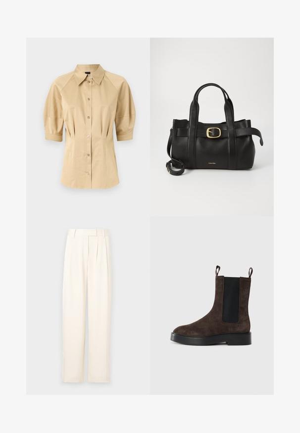 Beige knappskjorte med korte pufferm, spredd krage og sømdetaljering. Laget av glatt stoff med frontknapping.; Lys beige vide bukser med en glat tekstur, der har folder foran og en flad taljeelastik. Ingen synlige lukninger eller lommer.; Brune suedestøvlett med elastiske sidepaneler og trekkfliker. Har en rund tå og chunky svart hæl for stabilitet.; Svart lærveske med en strukturert design, doble topphåndtak, gullfarget spenneakent og preget merke-logo foran.