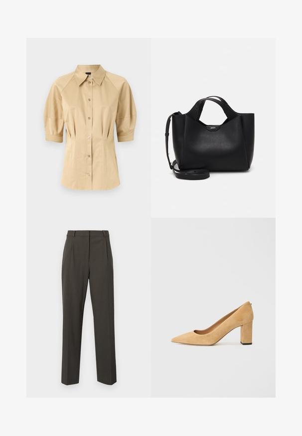 Bež srajca s kratkimi pihastimi rokavi, razpršeno ovratnikom in šivalnimi detajli. Narejena iz gladkega materiala s sprednjim gumbom.; Temno sivi hlače iz gladkega materiala, s krojem po meri, ravnimi hlačnicami in minimalnimi sprednjimi pregibi.; Bež sueded visok petni čevlji s koničastim nosom in debelim blok peto. Material ima mehak teksturo z gladko obdelavo.; Črna usnjena torbica z teksturiranim zaključkom, angularno obliko, dvema ročajema in nastavljivim ramenskim trakom. Opremljena z naglasom logotipa DKNY.