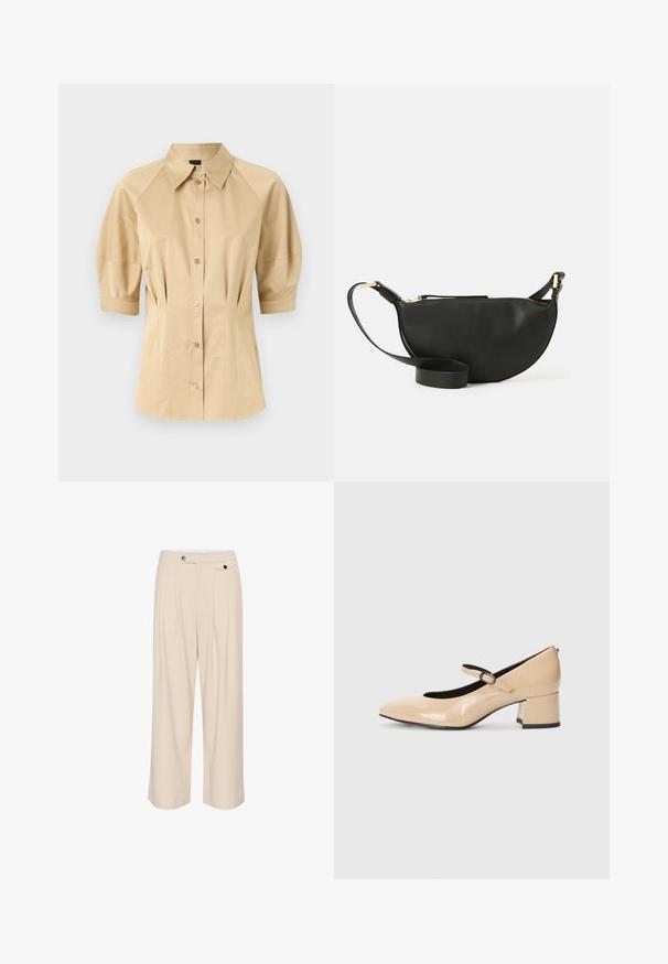Chemise beige à boutons avec des manches courtes bouffantes, un col évasé et des détails de couture. Fabriquée en tissu lisse avec une fermeture à boutons sur le devant.; Pantalons larges beiges avec un devant plat, deux poches latérales, une fermeture à bouton et des détails plissés pour une texture et un design supplémentaires.; Bottines Mary Jane en cuir verni beige avec un bout imitation, une sangle à boucle et un talon bloc de hauteur intermédiaire. Texture lisse avec une finition brillante.; Sac bandoulière en cuir noir de forme demi-lune, surface texturée, fermeture éclair dorée et bandoulière plate. Design compact adapté pour les essentiels.