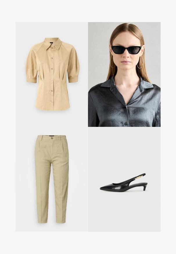 Bež košulja na gumbe s kratkim puff rukavima, raširenim ovratnikom i šavnim detaljima. Napravljena od glatkog materijala s prednjim zatvaranjem na gumbe.; Bež pamuk hlače s opuštenim krojem, s prednjim nabranama, zatvaranjem na gumb i bočnim džepovima, dizajnirane s suženim nogavicama.; Crne kožne sandale s petom, s izduženim vrhom, imaju usku petu i zlatni akcent na podesivoj traci. Glatka tekstura.; Crne sunčane naočale u obliku mačjih očiju s sjajnom završnom obradom, nošene uz teksturiranu sivo dugmadastu košulju s ovratnikom. Velike okrugle naušnice su vidljive.