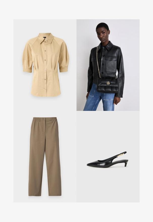 Beige knappskjorte med korte pufferm, spredd krage og sømdetaljering. Laget av glatt stoff med frontknapping.; Beige bukser med lige ben, som har en elastisk talje med knaplukning og en diskret tekstur.; Sorte lærreim hæler med spiss tå, som har en slank hæl og en gullfarget detalj på den justerbare stroppen. Glatt tekstur.; Svart skinnjakke med knappelukking og to frontlommer, sammen med en svart kviltet håndveske med gullspenne og kjedehank.