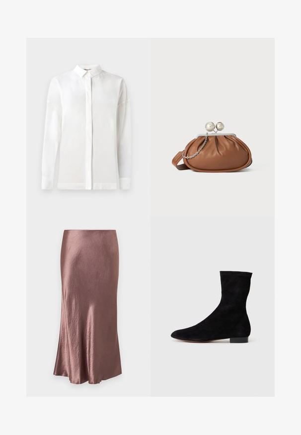 White long-sleeve shirt with a buttoned collar, smooth texture, straight cut, and hidden placket. Soft, lightweight fabric with no patterns.; Satin midi skirt in a mauve color, smooth texture, slightly flared hem, with a simple design and no visible fastenings or embellishments.; Black suede ankle boot with a fitted shaft, pointed toe, and a low block heel. Smooth texture and minimalistic design, suitable for versatile styling.; Brown leather clutch purse with silver ball clasp and a small silver chain detail on a white background.