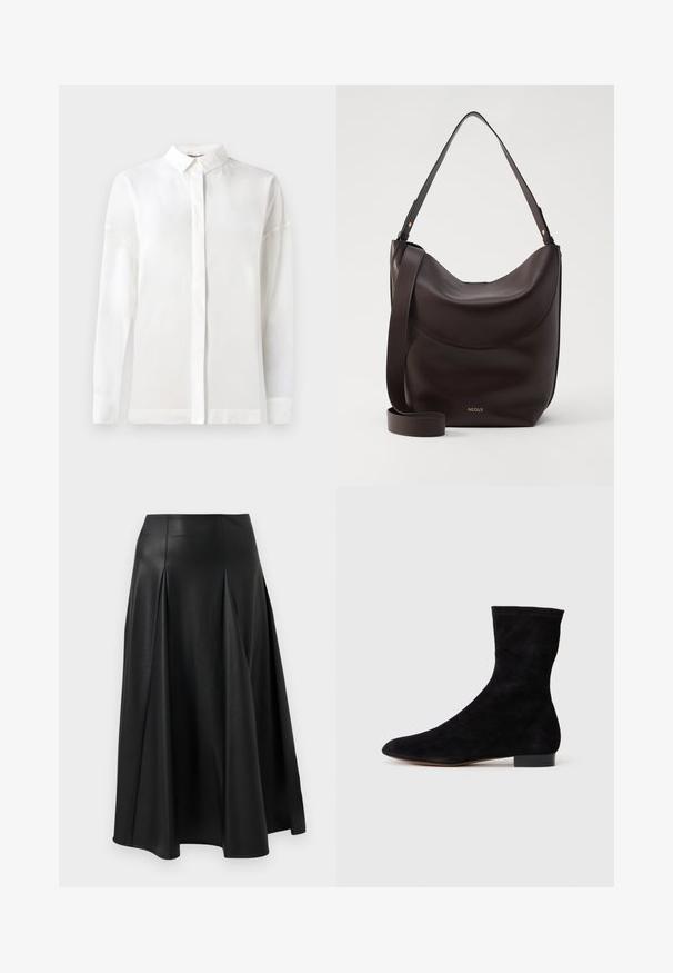 Chemise blanche à manches longues avec un col boutonné, texture lisse, coupe droite et patte de boutonnage cachée. Tissu doux et léger sans motifs.; Jupe en cuir noir avec des plis, une texture lisse, une coupe mi-longue et une taille ajustée. Style minimaliste sans quincaillerie visible.; Bottine en suede noir avec une tige ajustée, un bout pointu et un petit talon bloc. Texture lisse et design minimaliste, adaptée à un styling polyvalent.; Sac à épaule en cuir brun foncé avec une silhouette courbée, une bandoulière réglable et un logo doré subtil. Texture lisse avec des accents minimaux.