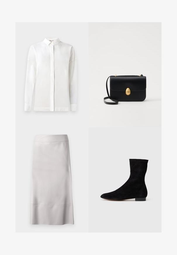 Cămașă albă cu mânecă lungă, cu guler cu nasturi, textură netedă, croială dreaptă și placket ascuns. Material moale, ușor, fără modele.; Fustă din material neted, de culoare gri deschis, cu croi slim, linii curate și o lungime până la genunchi, având un detaliu de cusătură subtil.; Cizme scurte din suede negre, cu un știft ajustat, vârful ascuțit și un toc mic, pătrat. Textură netedă și design minimalist, potrivite pentru un stil versatil.; Geantă de mână din piele neagră, cu o formă rectangulară structurată. Are un capac oval auriu și o curea subțire pentru umăr. Textură netedă.