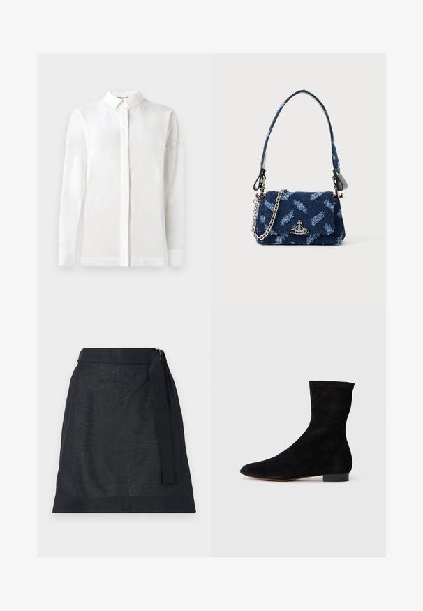 Chemise blanche à manches longues avec un col boutonné, texture lisse, coupe droite et patte de boutonnage cachée. Tissu doux et léger sans motifs.; Jupe portefeuille en lin sombre avec une coupe droite, dotée d'une ceinture à nouer et d'une texture subtile. Aucun motif visible ni détails en métal.; Bottine en suede noir avec une tige ajustée, un bout pointu et un petit talon bloc. Texture lisse et design minimaliste, adaptée à un styling polyvalent.; Sac à main en tissu bleu marine avec un design texturé, quincaillerie en argent et une bandoulière en chaîne détachable. Comprend une fermeture à rabat et un accent logo.