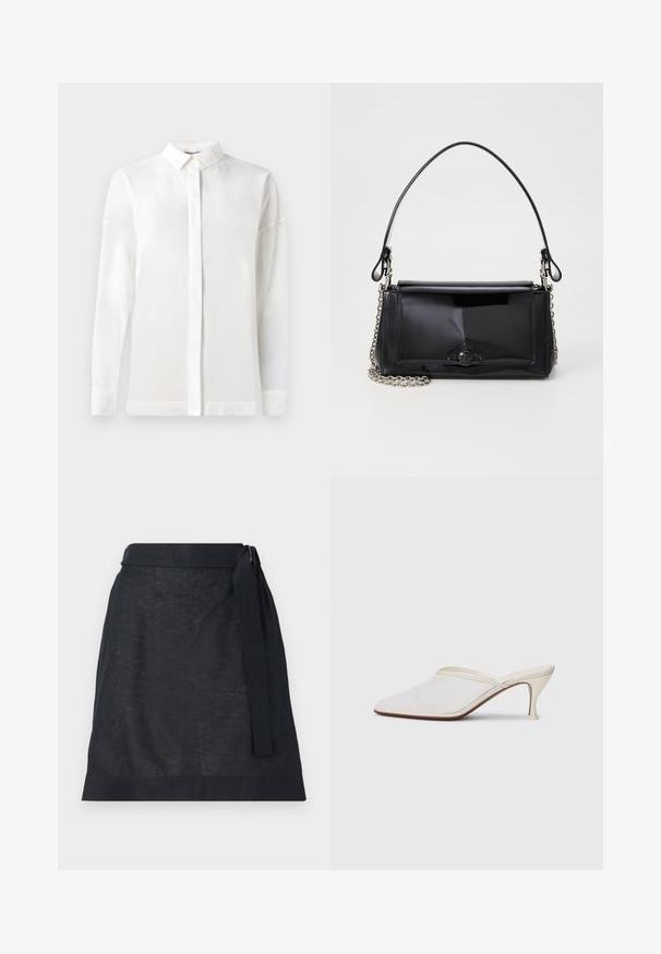 Vit långärmad skjorta med knäppbar krage, slät textur, rak skärning och dold knappslå. Mjukt, lätt material utan mönster.; Mörk linneomslutande kjol med rak snitt, utrustad med ett midjeband och subtil textur. Inga synliga mönster eller hårdvarudetaljer.; Vit nät-mule med spetsig tå, smal klack i medelhöjd och slip-on design mot en enkel bakgrund.; Svart lackläderhandväska med rektangulär form, kedjestropp och en distinkt hårdvaruaccent i mitten. Slät textur.