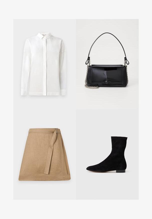 Chemise blanche à manches longues avec un col boutonné, texture lisse, coupe droite et patte de boutonnage cachée. Tissu doux et léger sans motifs.; Jupe en lin beige, avec une légère forme évasée, dotée d'un lien sur le côté et d'un détail de boucle, texture lisse et ourlet net.; Bottine en suede noir avec une tige ajustée, un bout pointu et un petit talon bloc. Texture lisse et design minimaliste, adaptée à un styling polyvalent.; Sac à main en cuir verni noir de forme rectangulaire, avec une chaîne en bandoulière et un accent matériel distinctif au centre. Texture lisse.