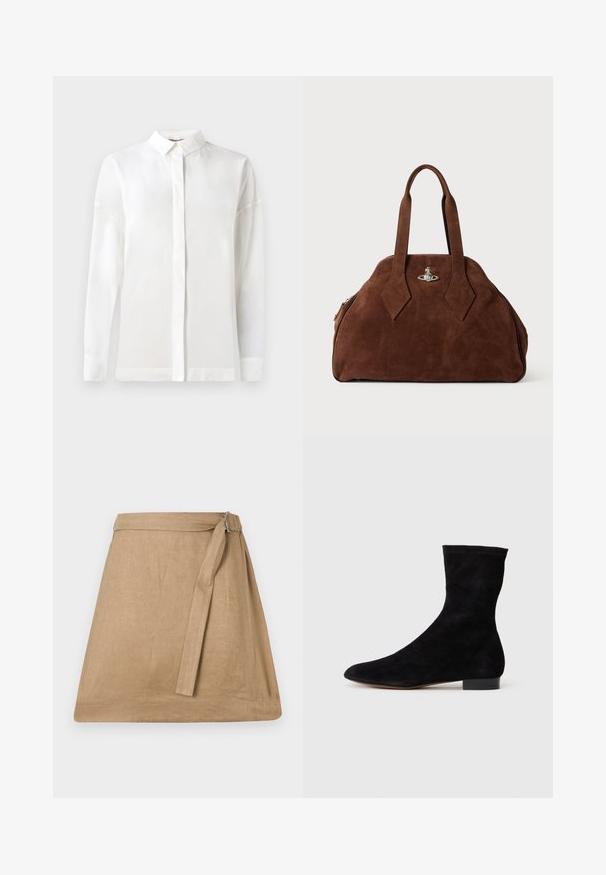 Witte langemouwen shirt met een geknoopte kraag, gladde textuur, rechte snit en een verborgen knopenlijst. Zachte, lichtgewicht stof zonder patronen.; Beige linnen wikkelrok met een lichte A-lijn vorm, voorzien van een zijstrik en gespdetail, een gladde textuur en een nette zoomlijn.; Zwarte suède enkelboot met een aansluitende schacht, puntige neus en een lage blokhak. Gladde textuur en minimalistisch ontwerp, geschikt voor veelzijdige styling.; Bruine suède handtas met een gestructureerde vorm, ronde body en verlengde ruitvormige handvatten. Voorzien van een sluiting met zilveren hardware.