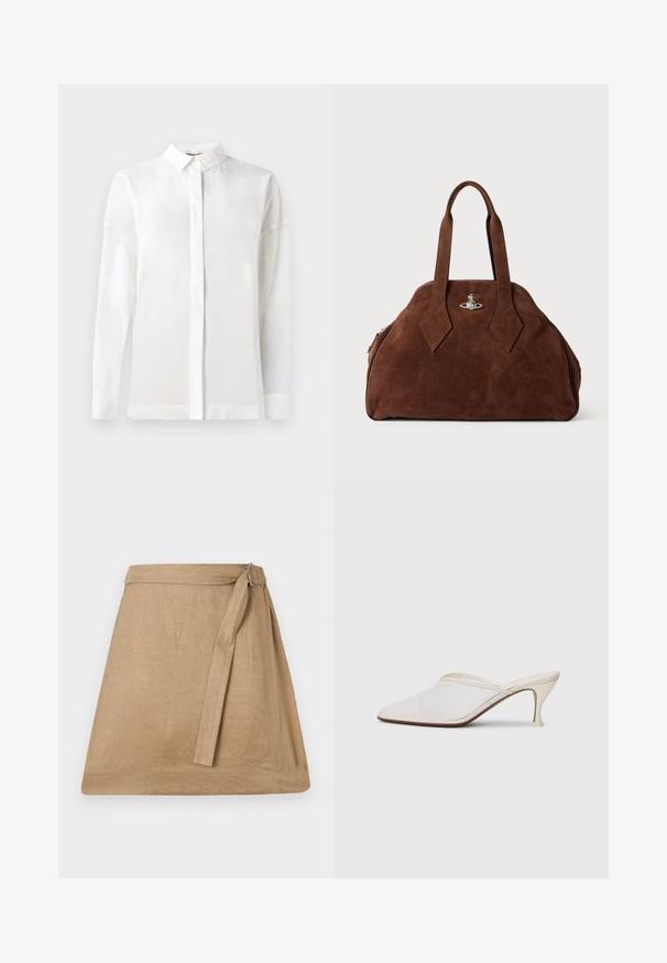Hvid langærmet skjorte med knapkrave, glat tekstur, lige snit og skjulte knapper. Blødt, letvægtsstof uden mønstre.; Beige linned wrap nederdel med en let A-linjeform, der har en sidetie og spænde-detalje, glat tekstur og ren kant.; Hvide mesh spidse mule-sko med en slank hæl i mellem højde og slip-on design mod en ensfarvet baggrund.; Brun suede håndtaske med en struktureret form, rund krop og forlængede diamantformede håndtag. Har en hardwarelukning i sølv.