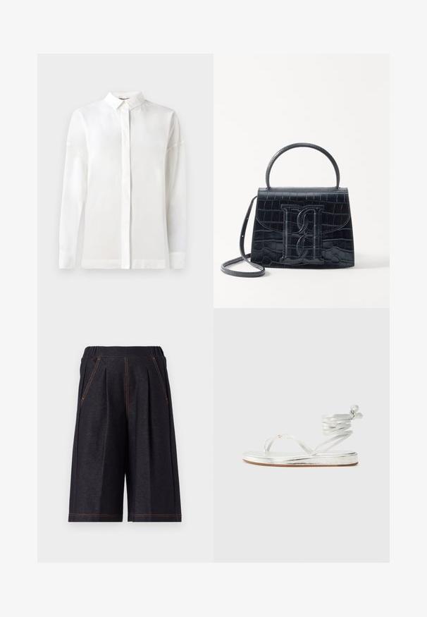 Hvid langærmet skjorte med knapkrave, glat tekstur, lige snit og skjulte knapper. Blødt, letvægtsstof uden mønstre.; Mørkegrå shorts lavet af blødt stof, med folder og orange syninger som accent. Elastisk talje for komfort, knælængde design.; Sølvmetallic sandaler med thong-design, en ankelindsnøring og en flad sål med tekstureret finish.; Sort krokodillede læderhandbag med en struktureret design, top-håndtag, justerbar rem og et fremtrædende frontlogo.
